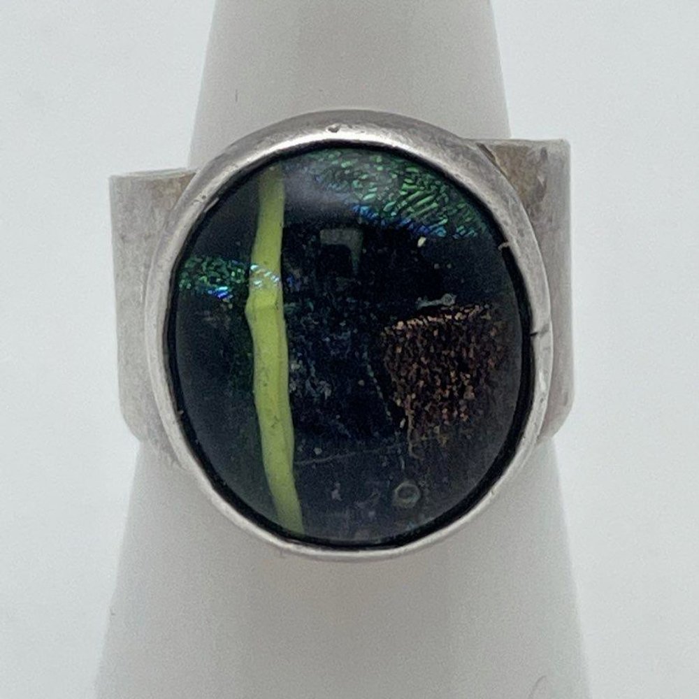 Sterling Silver Green & Multi-Color Art Glass Wide Band Gemstone Finger Ring